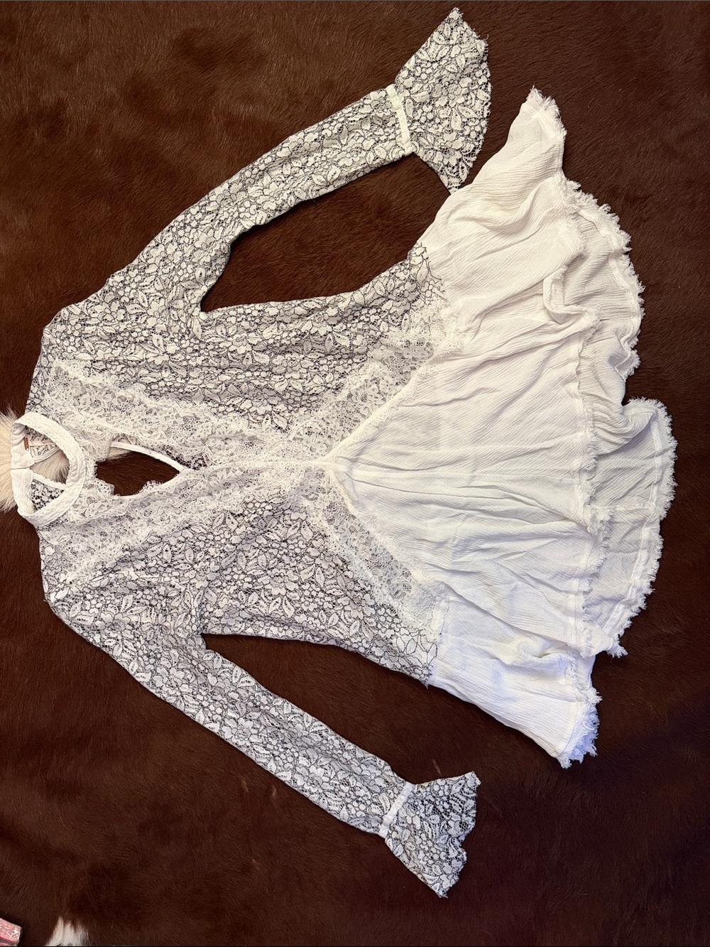 Free People White Lace & Gauze Long Sleeve Mini Dress
